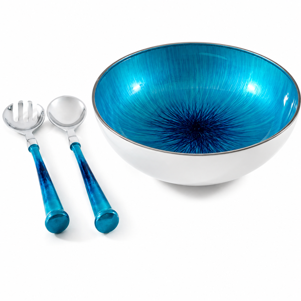 Brushed Aqua salad bowl and servers set