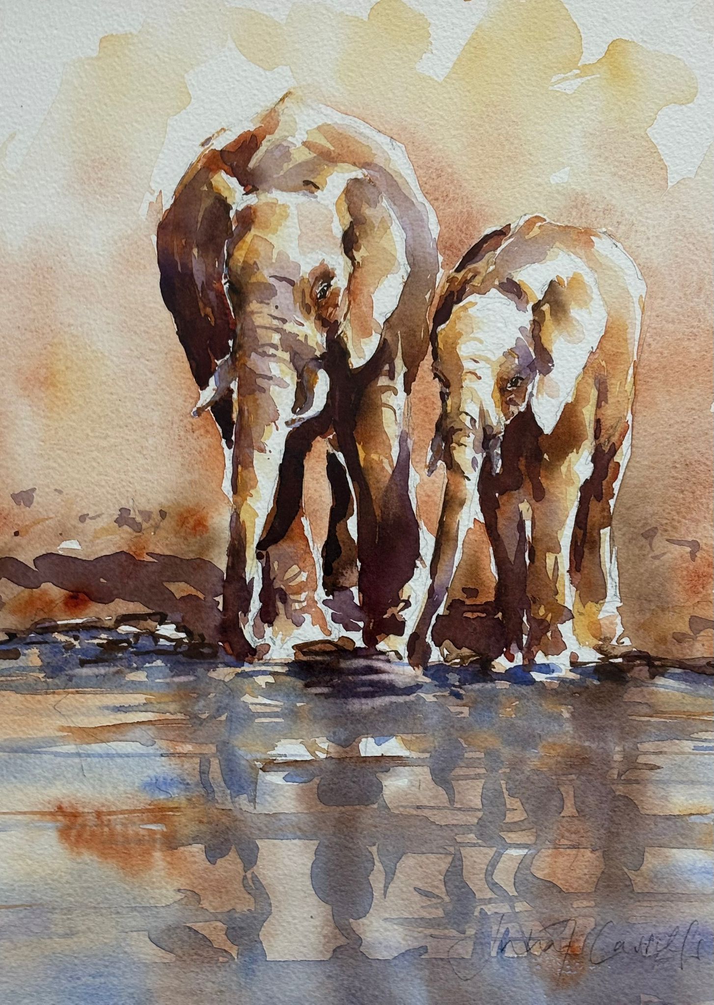 Watercolour of Elephants by Julia Cassels