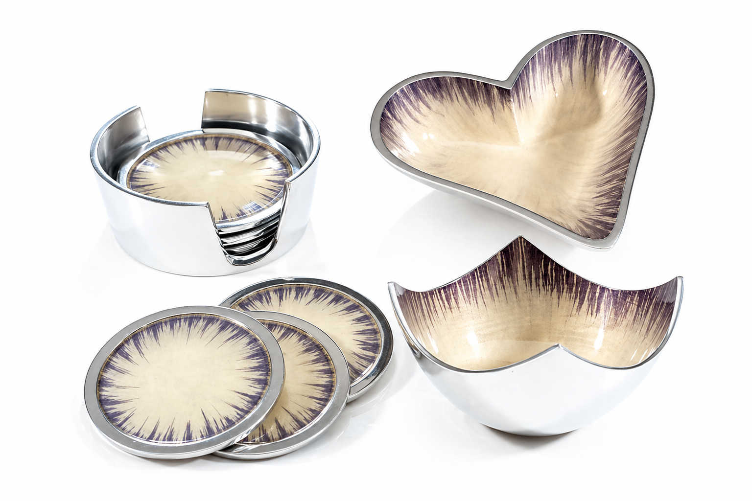 Brushed silver heart, square & coasters