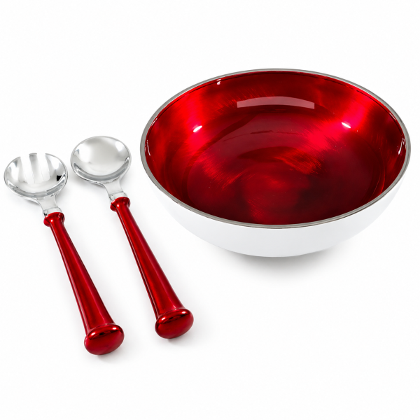 Red salad bowl and servers