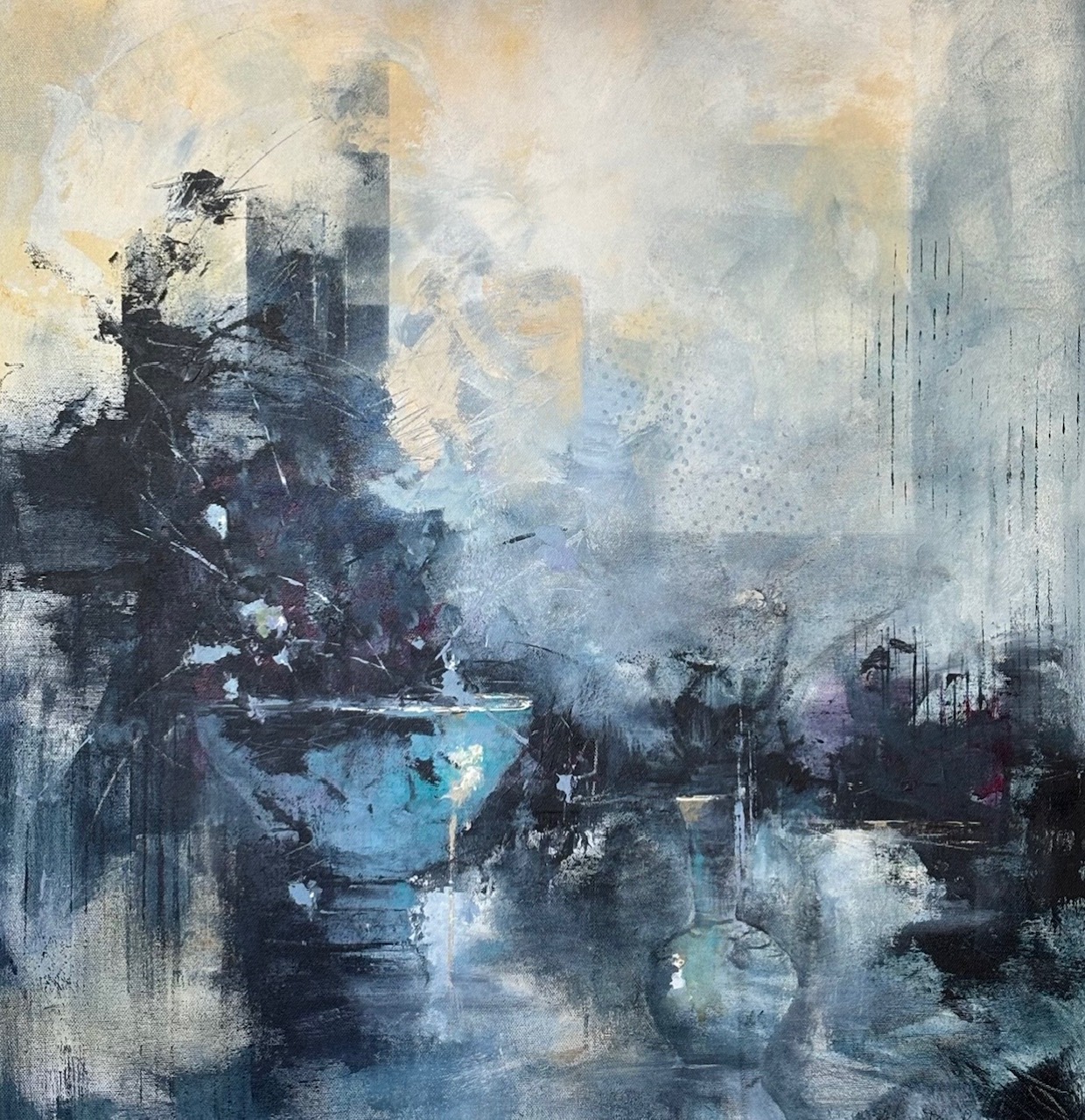 distant city blue bowls